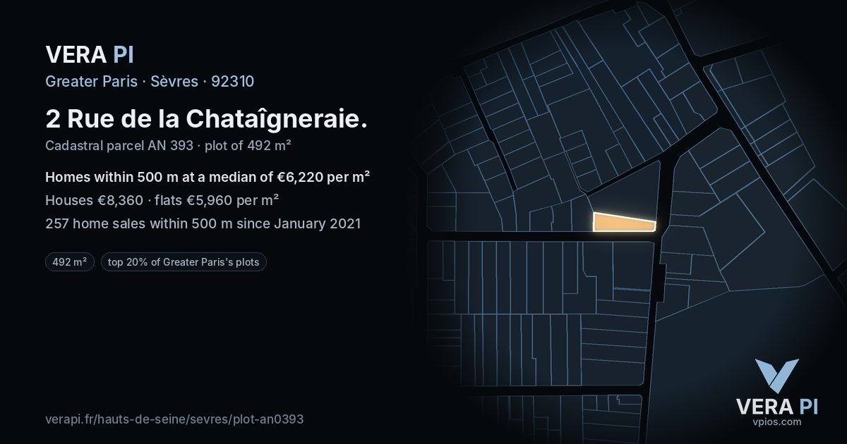 2 Rue de la Chataîgneraie, Sèvres at night – the plot lit, the parcels around coloured by the prices near them