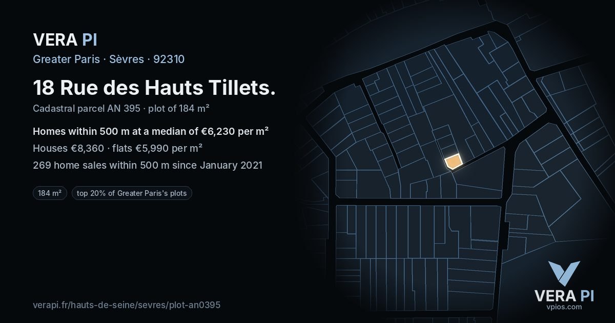 18 Rue des Hauts Tillets, Sèvres at night – the plot lit, the parcels around coloured by the prices near them