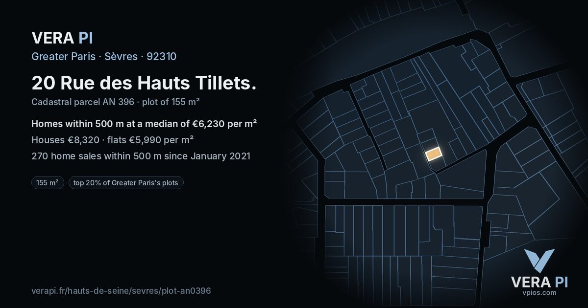 20 Rue des Hauts Tillets, Sèvres at night – the plot lit, the parcels around coloured by the prices near them
