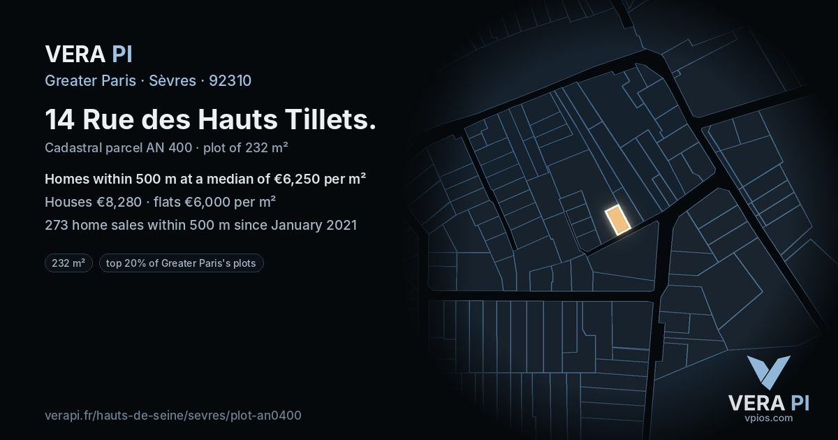 14 Rue des Hauts Tillets, Sèvres at night – the plot lit, the parcels around coloured by the prices near them