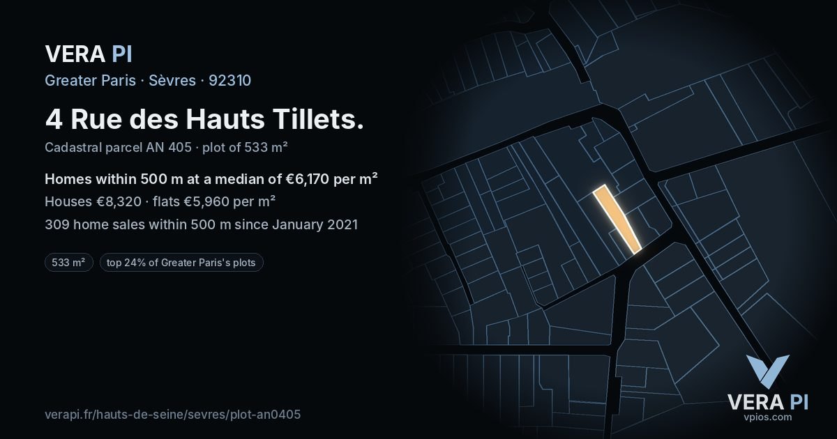4 Rue des Hauts Tillets, Sèvres at night – the plot lit, the parcels around coloured by the prices near them