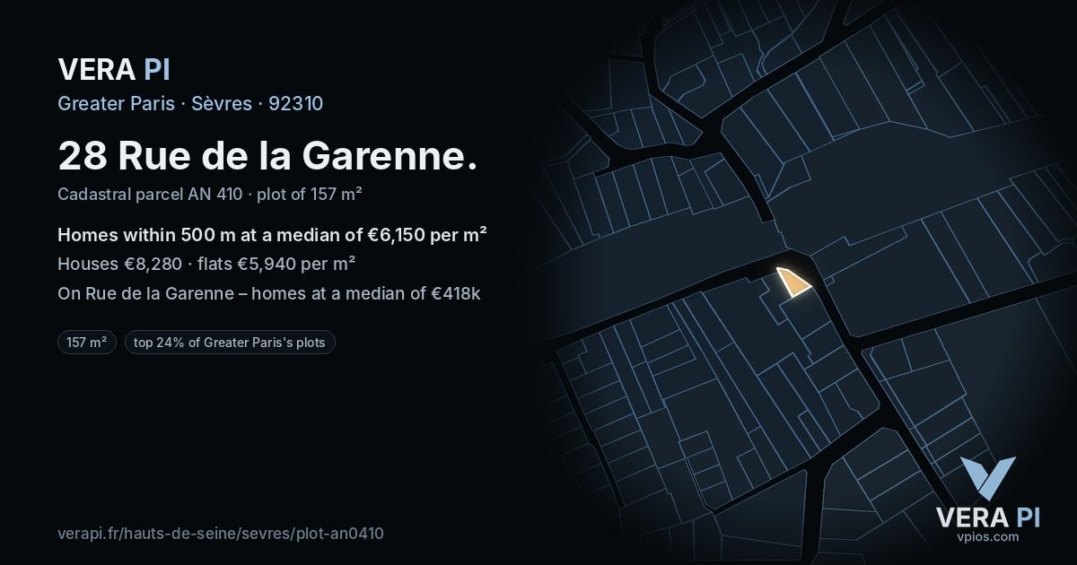 28 Rue de la Garenne, Sèvres at night – the plot lit, the parcels around coloured by the prices near them