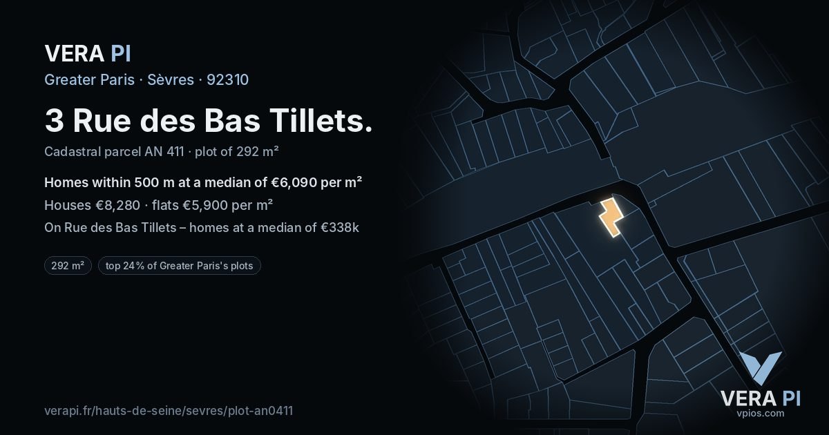 3 Rue des Bas Tillets, Sèvres at night – the plot lit, the parcels around coloured by the prices near them