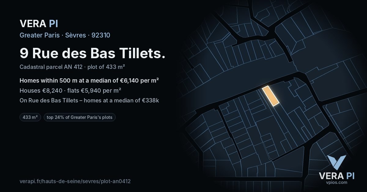 9 Rue des Bas Tillets, Sèvres at night – the plot lit, the parcels around coloured by the prices near them