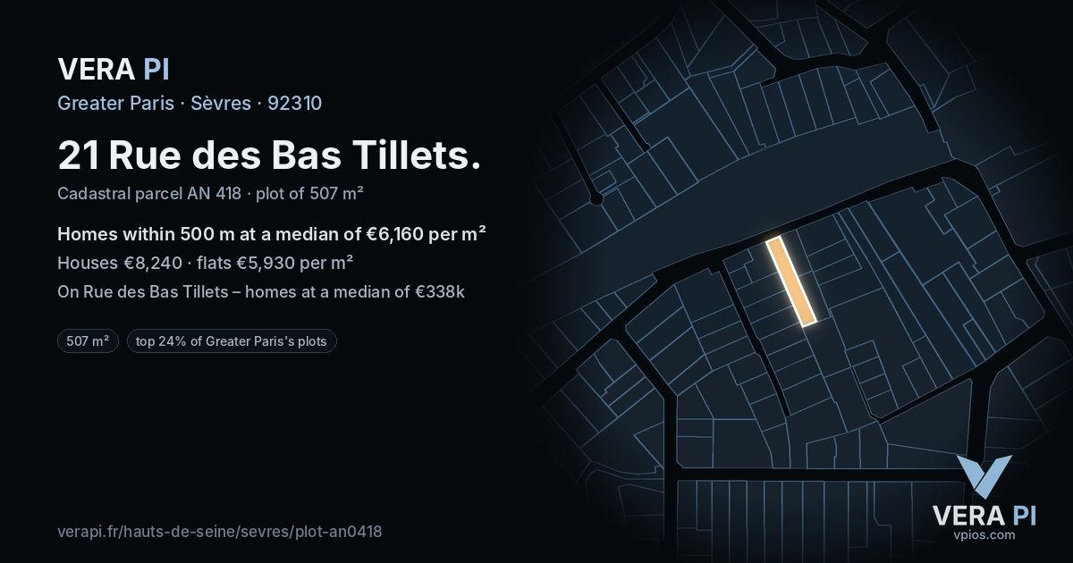 21 Rue des Bas Tillets, Sèvres at night – the plot lit, the parcels around coloured by the prices near them