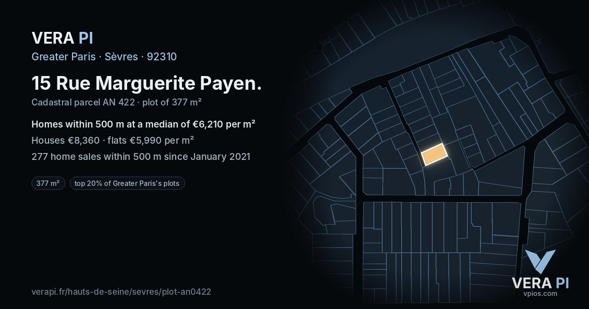 15 Rue Marguerite Payen, Sèvres at night – the plot lit, the parcels around coloured by the prices near them
