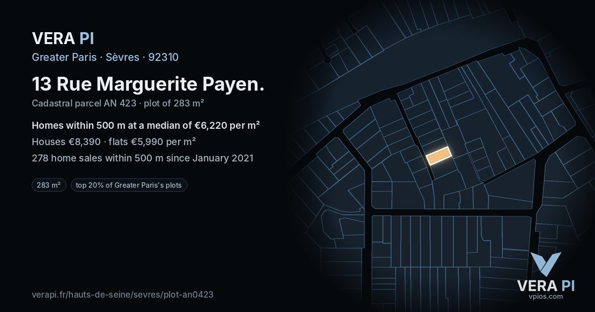 13 Rue Marguerite Payen, Sèvres at night – the plot lit, the parcels around coloured by the prices near them