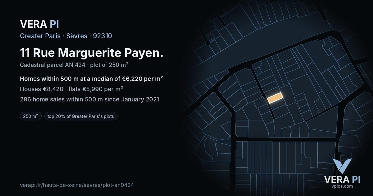 11 Rue Marguerite Payen, Sèvres at night – the plot lit, the parcels around coloured by the prices near them