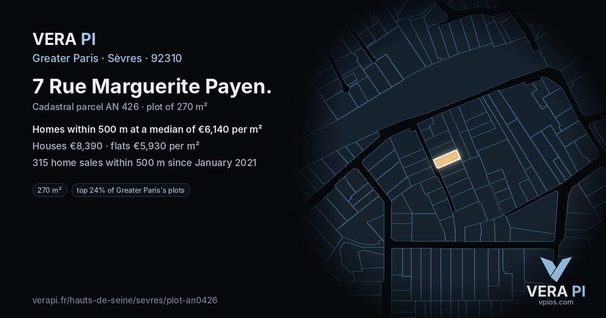 7 Rue Marguerite Payen, Sèvres at night – the plot lit, the parcels around coloured by the prices near them