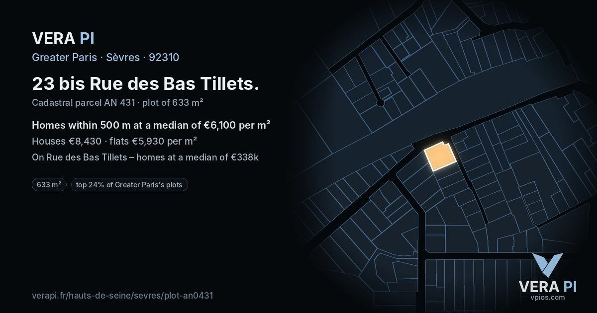 23 bis Rue des Bas Tillets, Sèvres at night – the plot lit, the parcels around coloured by the prices near them