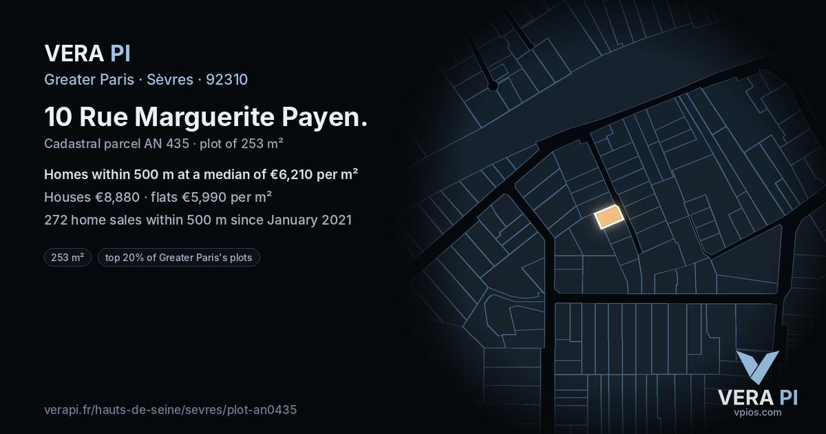 10 Rue Marguerite Payen, Sèvres at night – the plot lit, the parcels around coloured by the prices near them