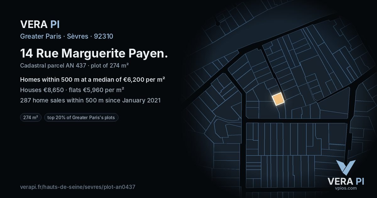 14 Rue Marguerite Payen, Sèvres at night – the plot lit, the parcels around coloured by the prices near them