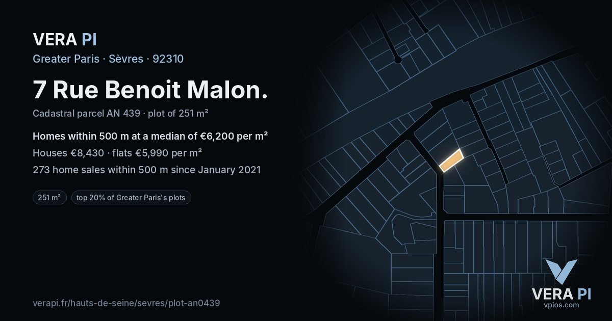 7 Rue Benoit Malon, Sèvres at night – the plot lit, the parcels around coloured by the prices near them
