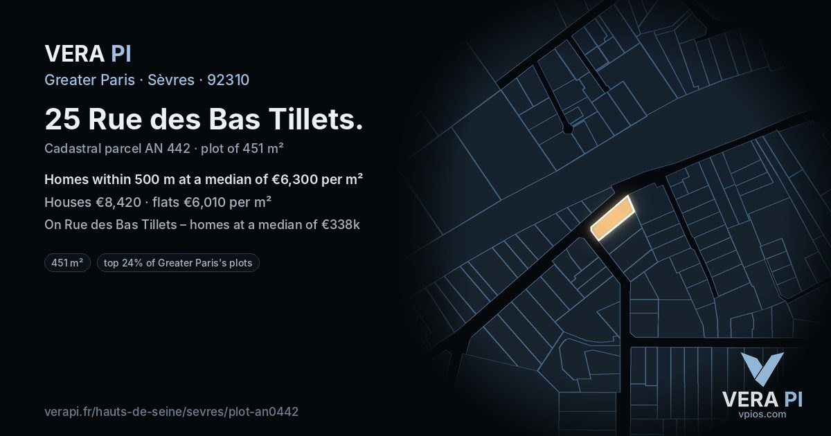 25 Rue des Bas Tillets, Sèvres at night – the plot lit, the parcels around coloured by the prices near them