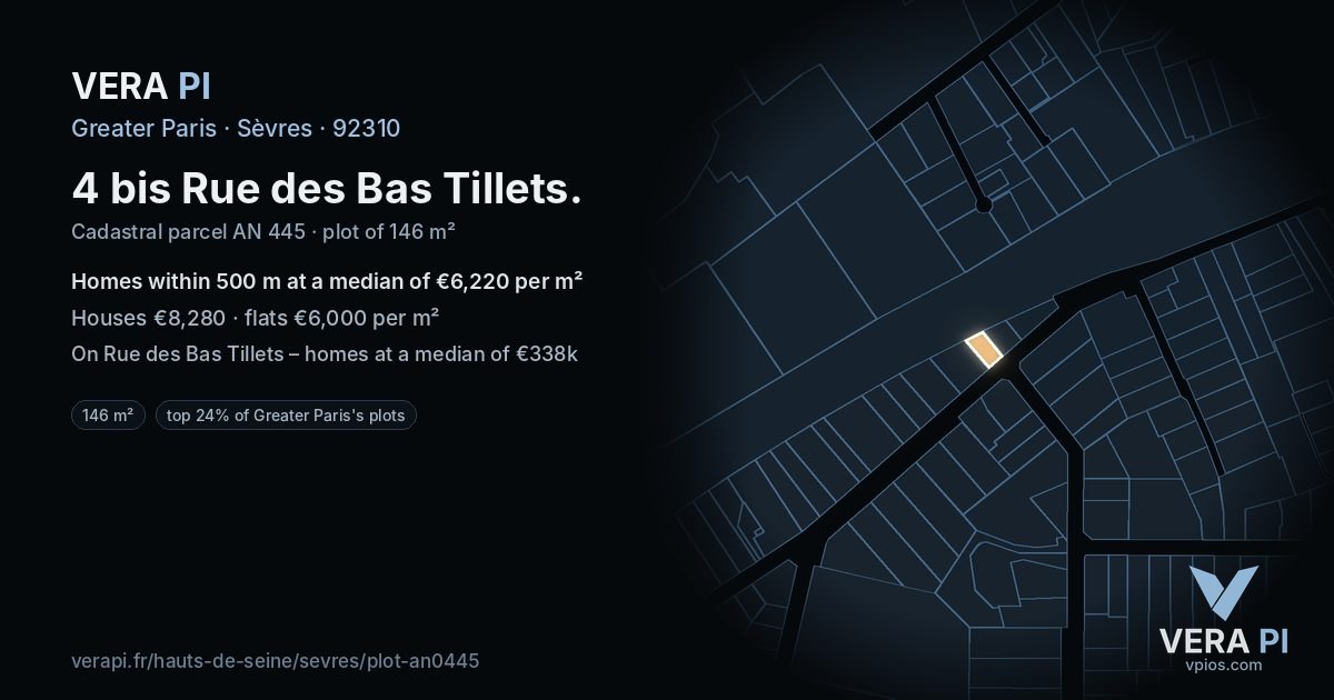 4 bis Rue des Bas Tillets, Sèvres at night – the plot lit, the parcels around coloured by the prices near them