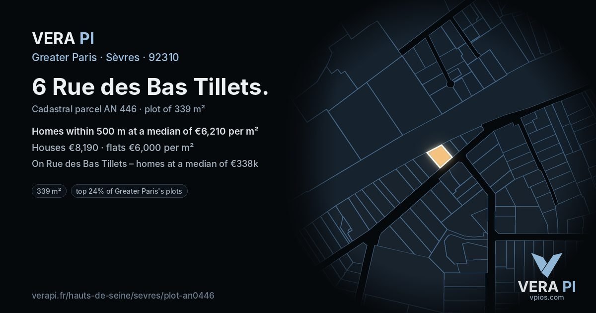 6 Rue des Bas Tillets, Sèvres at night – the plot lit, the parcels around coloured by the prices near them
