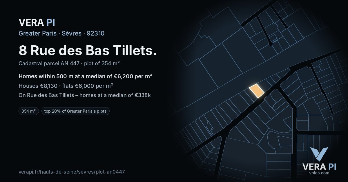 8 Rue des Bas Tillets, Sèvres at night – the plot lit, the parcels around coloured by the prices near them