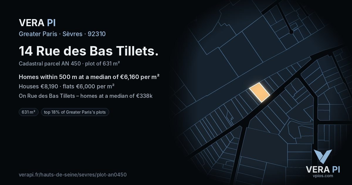 14 Rue des Bas Tillets, Sèvres at night – the plot lit, the parcels around coloured by the prices near them