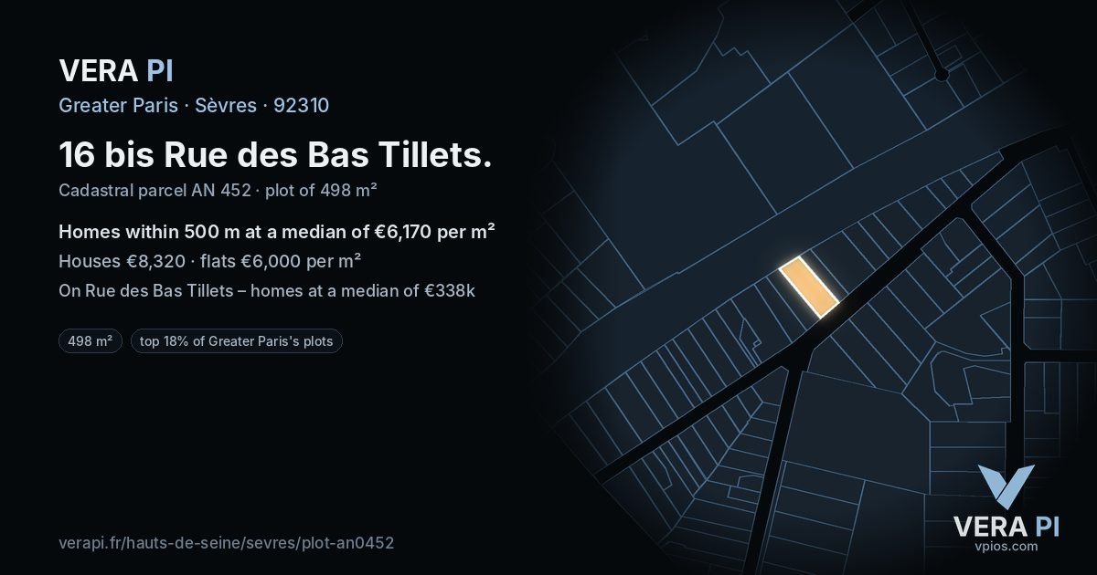16 bis Rue des Bas Tillets, Sèvres at night – the plot lit, the parcels around coloured by the prices near them