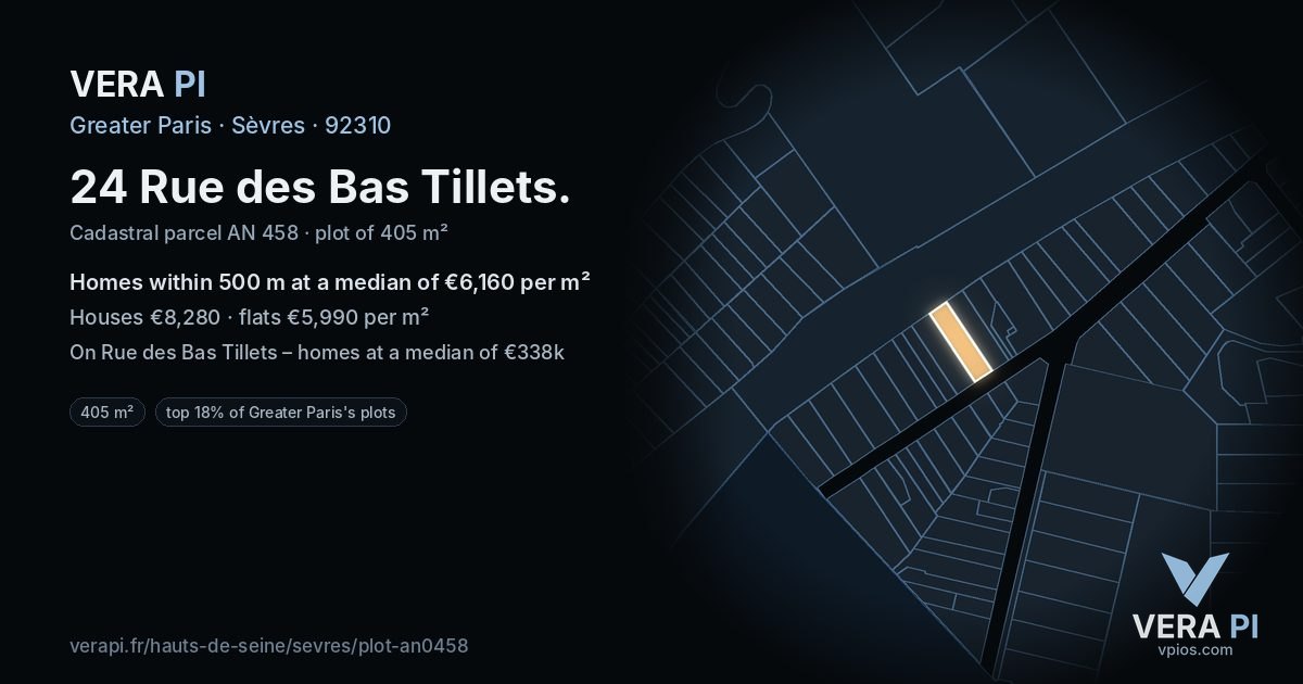 24 Rue des Bas Tillets, Sèvres at night – the plot lit, the parcels around coloured by the prices near them