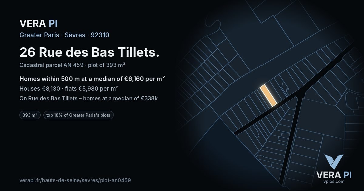 26 Rue des Bas Tillets, Sèvres at night – the plot lit, the parcels around coloured by the prices near them