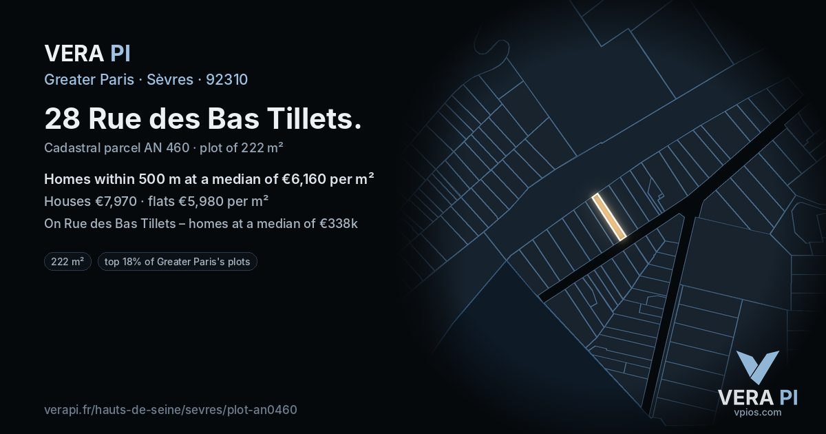 28 Rue des Bas Tillets, Sèvres at night – the plot lit, the parcels around coloured by the prices near them