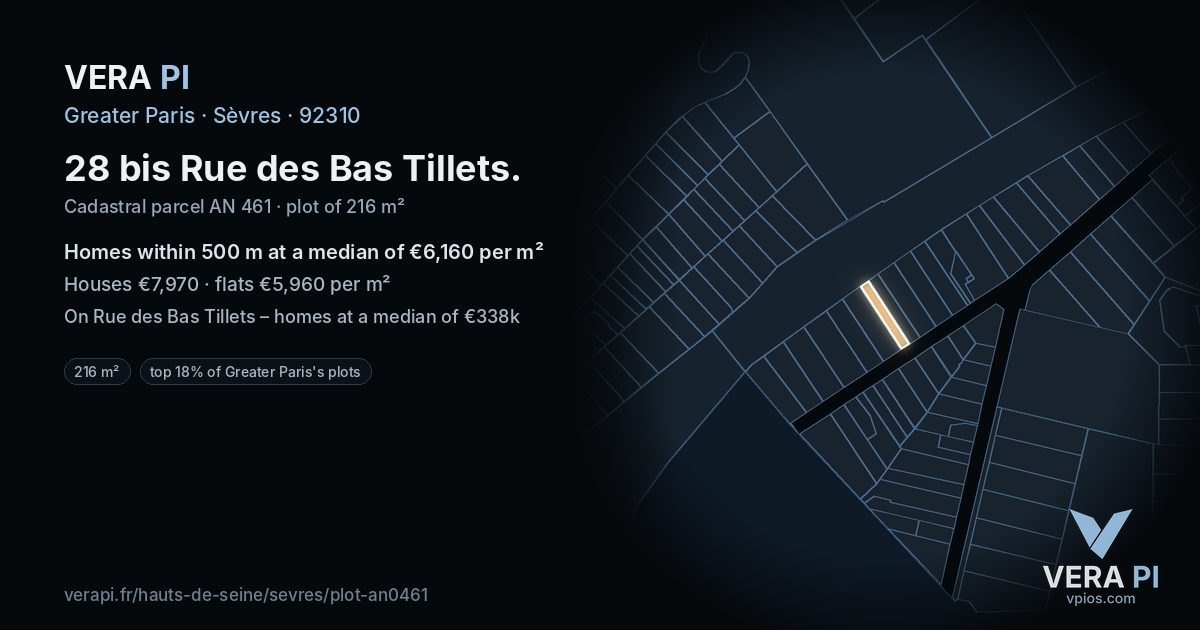28 bis Rue des Bas Tillets, Sèvres at night – the plot lit, the parcels around coloured by the prices near them