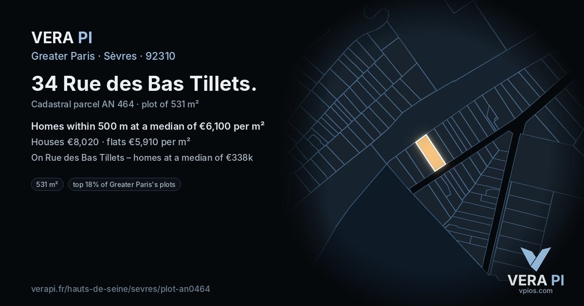 34 Rue des Bas Tillets, Sèvres at night – the plot lit, the parcels around coloured by the prices near them