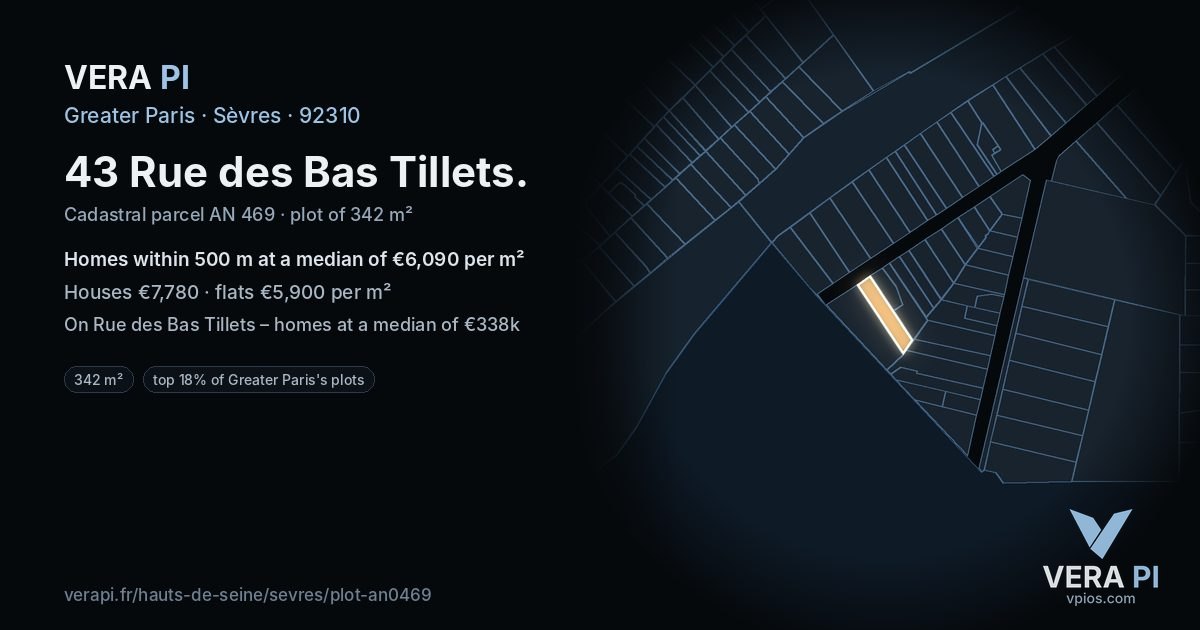 43 Rue des Bas Tillets, Sèvres at night – the plot lit, the parcels around coloured by the prices near them