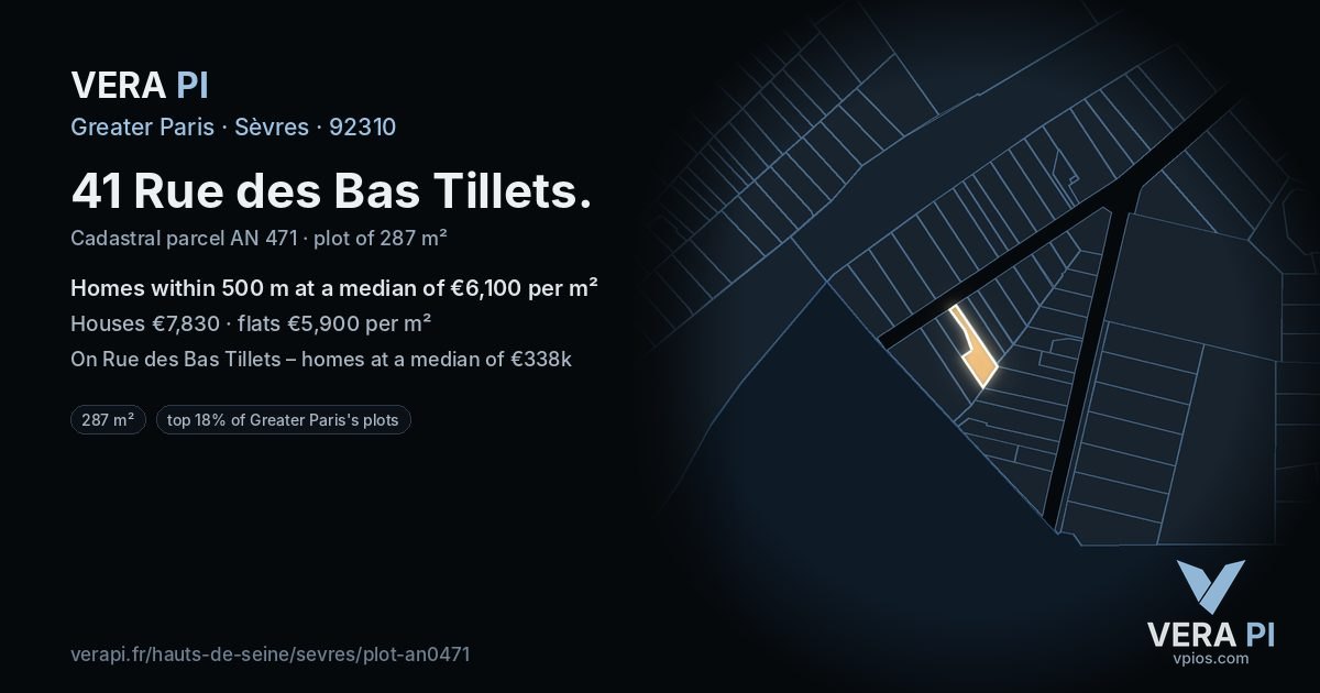 41 Rue des Bas Tillets, Sèvres at night – the plot lit, the parcels around coloured by the prices near them