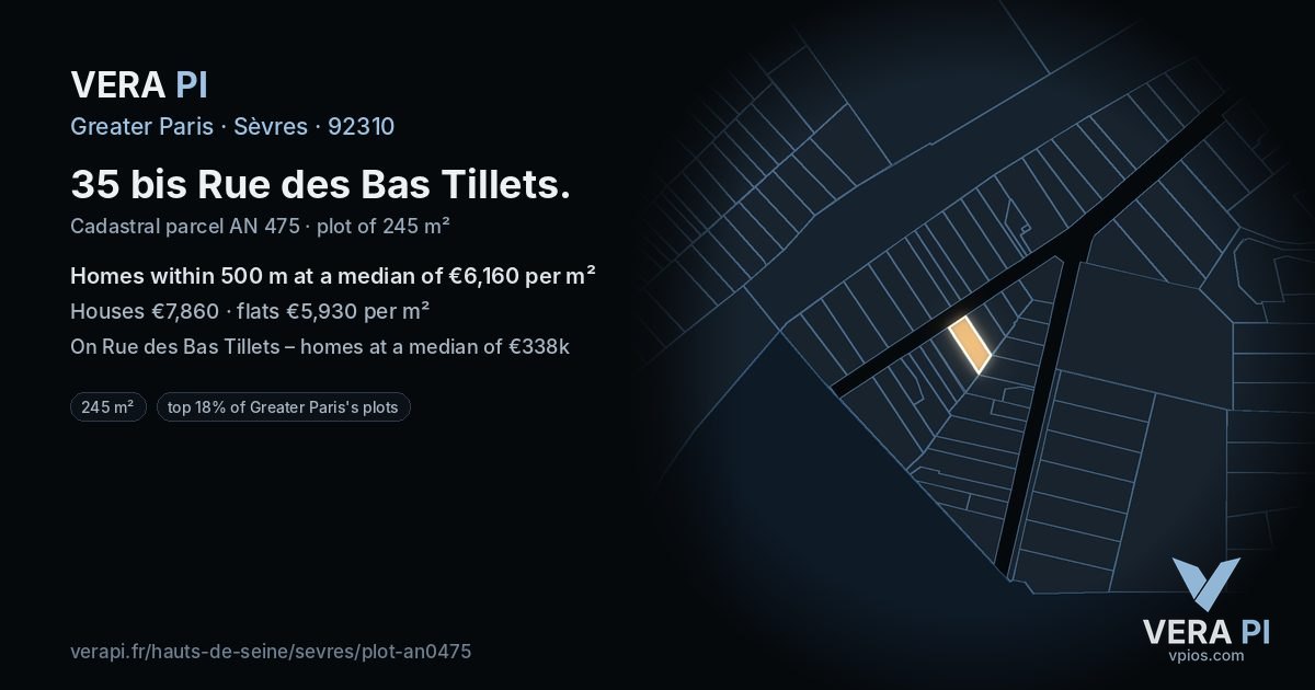 35 bis Rue des Bas Tillets, Sèvres at night – the plot lit, the parcels around coloured by the prices near them