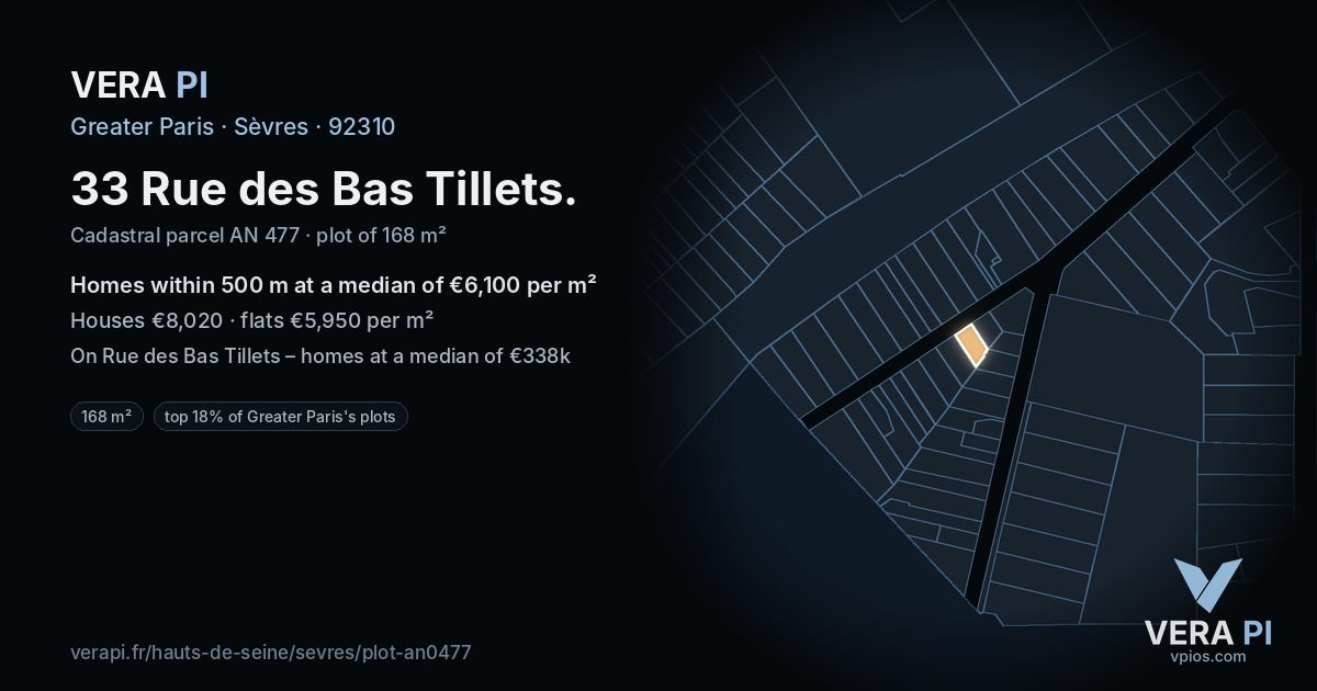33 Rue des Bas Tillets, Sèvres at night – the plot lit, the parcels around coloured by the prices near them