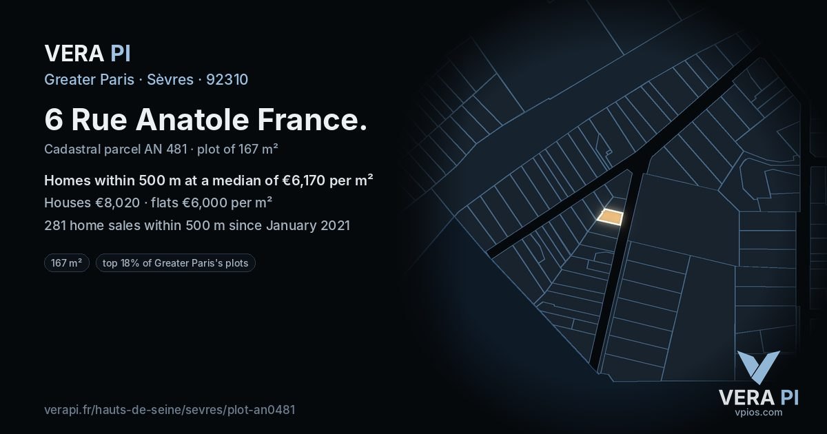 6 Rue Anatole France, Sèvres at night – the plot lit, the parcels around coloured by the prices near them