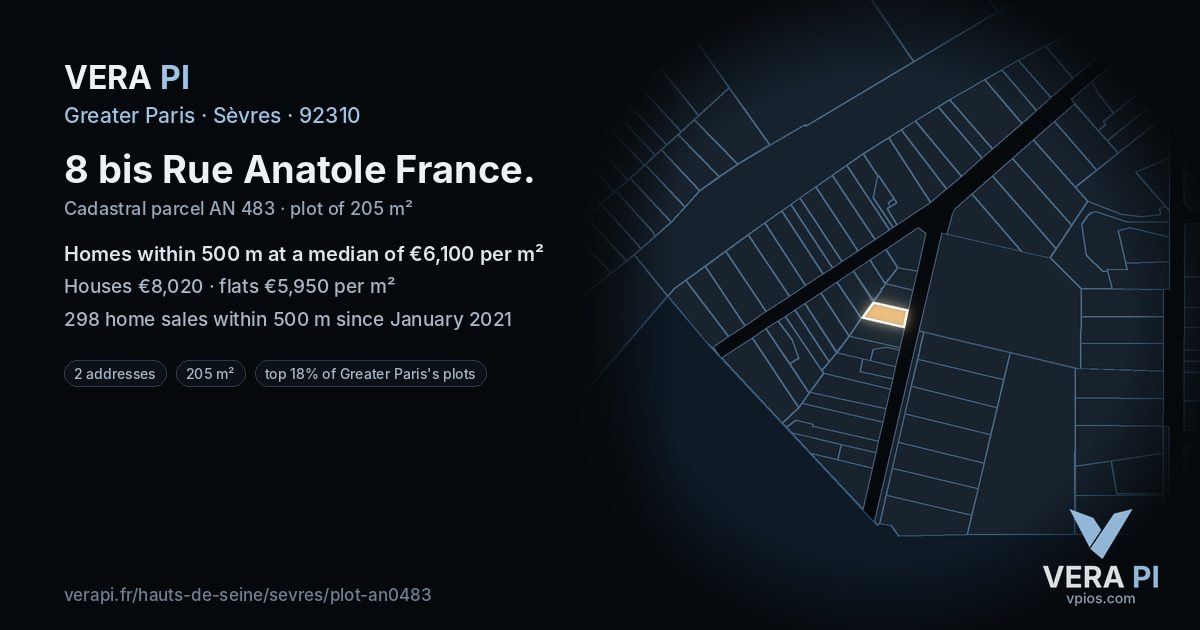 8 bis Rue Anatole France, Sèvres at night – the plot lit, the parcels around coloured by the prices near them