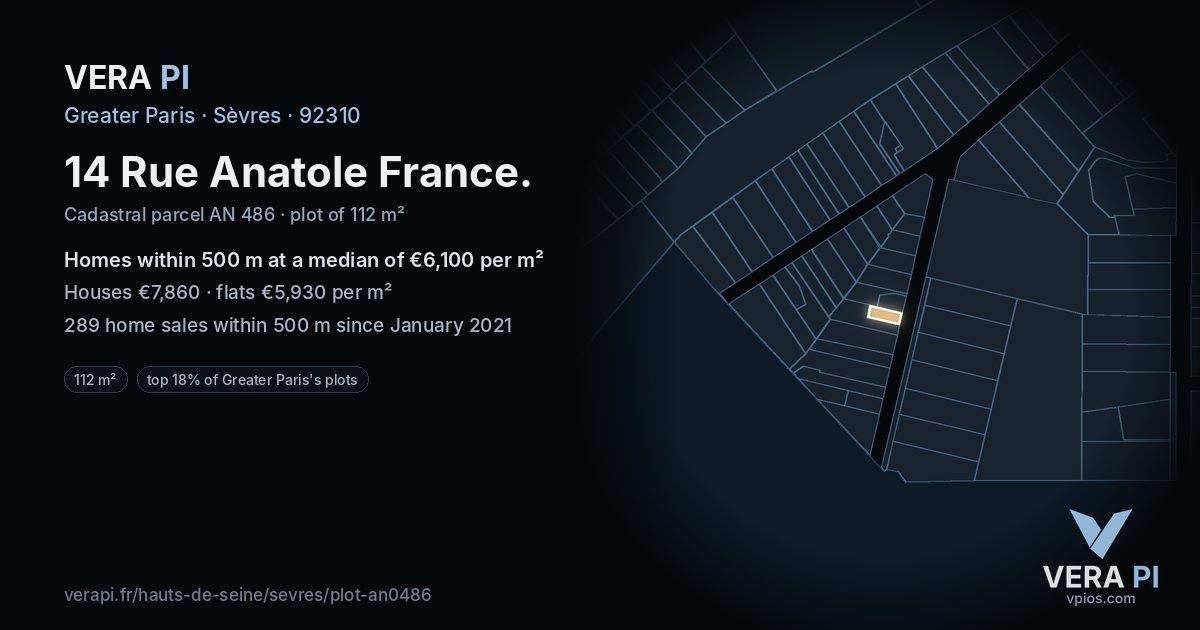 14 Rue Anatole France, Sèvres at night – the plot lit, the parcels around coloured by the prices near them