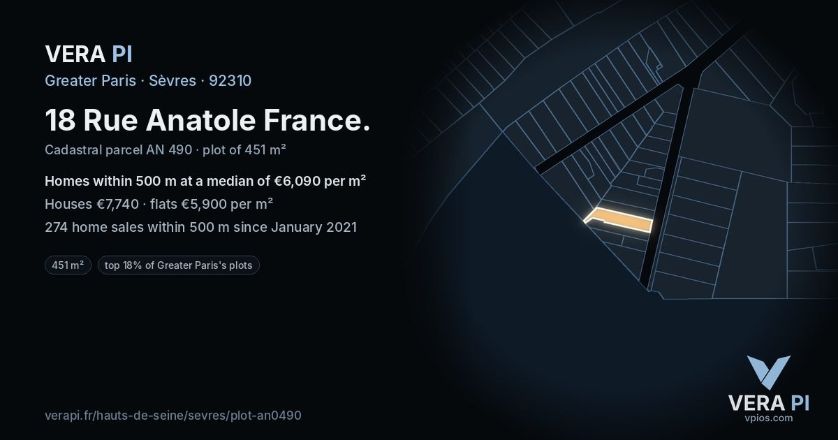 18 Rue Anatole France, Sèvres at night – the plot lit, the parcels around coloured by the prices near them