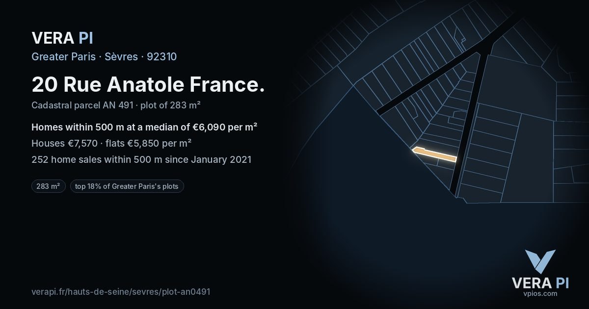 20 Rue Anatole France, Sèvres at night – the plot lit, the parcels around coloured by the prices near them