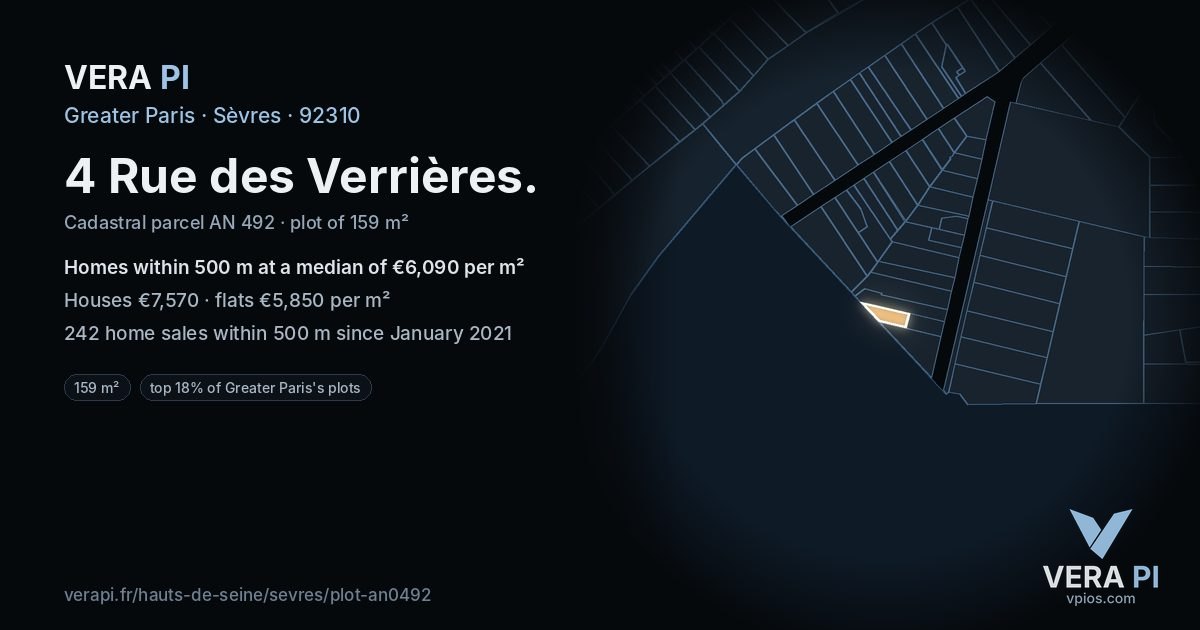 4 Rue des Verrières, Sèvres at night – the plot lit, the parcels around coloured by the prices near them
