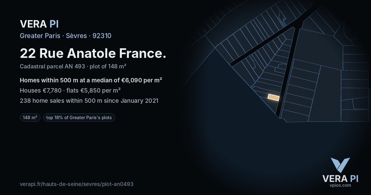 22 Rue Anatole France, Sèvres at night – the plot lit, the parcels around coloured by the prices near them