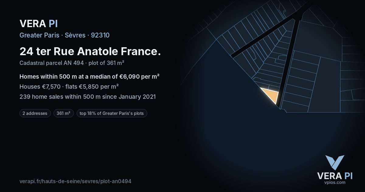 24 ter Rue Anatole France, Sèvres at night – the plot lit, the parcels around coloured by the prices near them