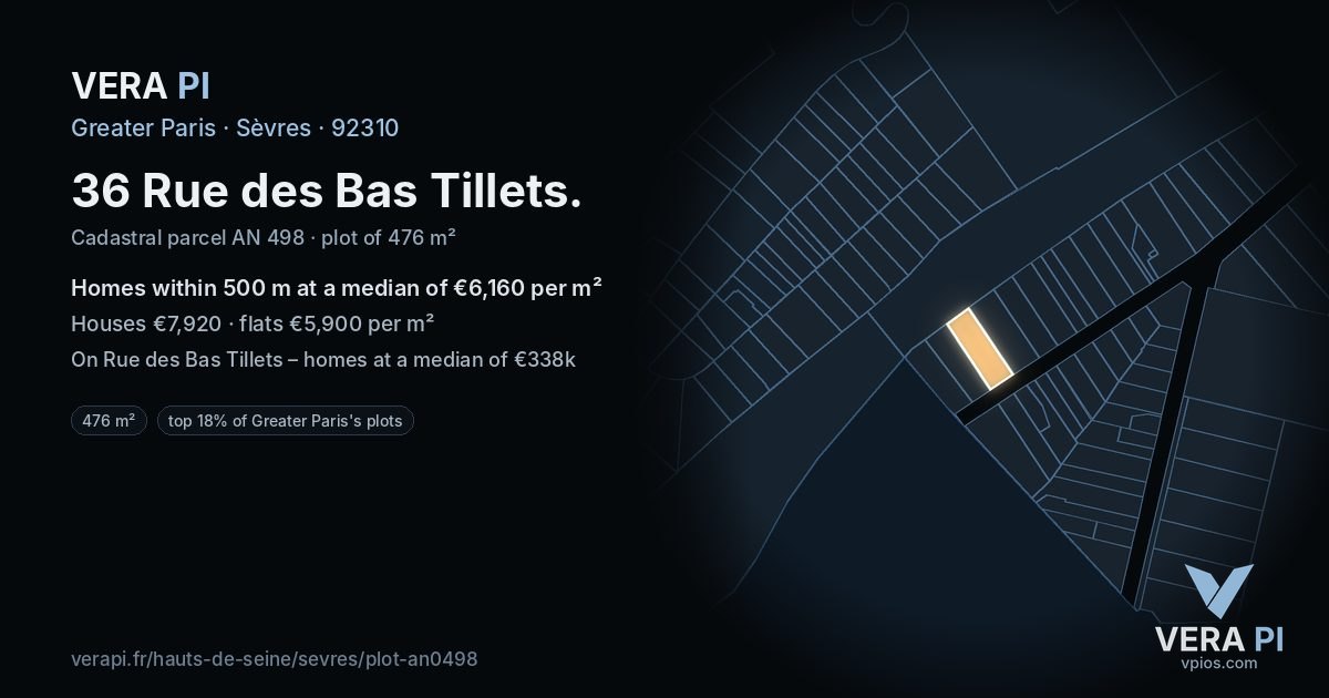 36 Rue des Bas Tillets, Sèvres at night – the plot lit, the parcels around coloured by the prices near them