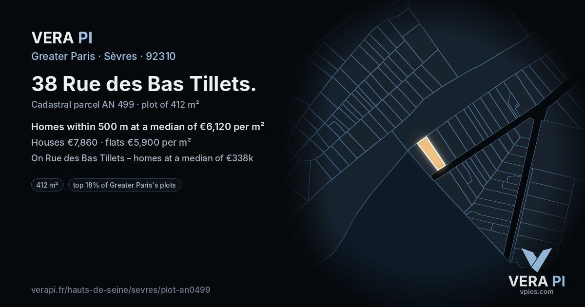 38 Rue des Bas Tillets, Sèvres at night – the plot lit, the parcels around coloured by the prices near them