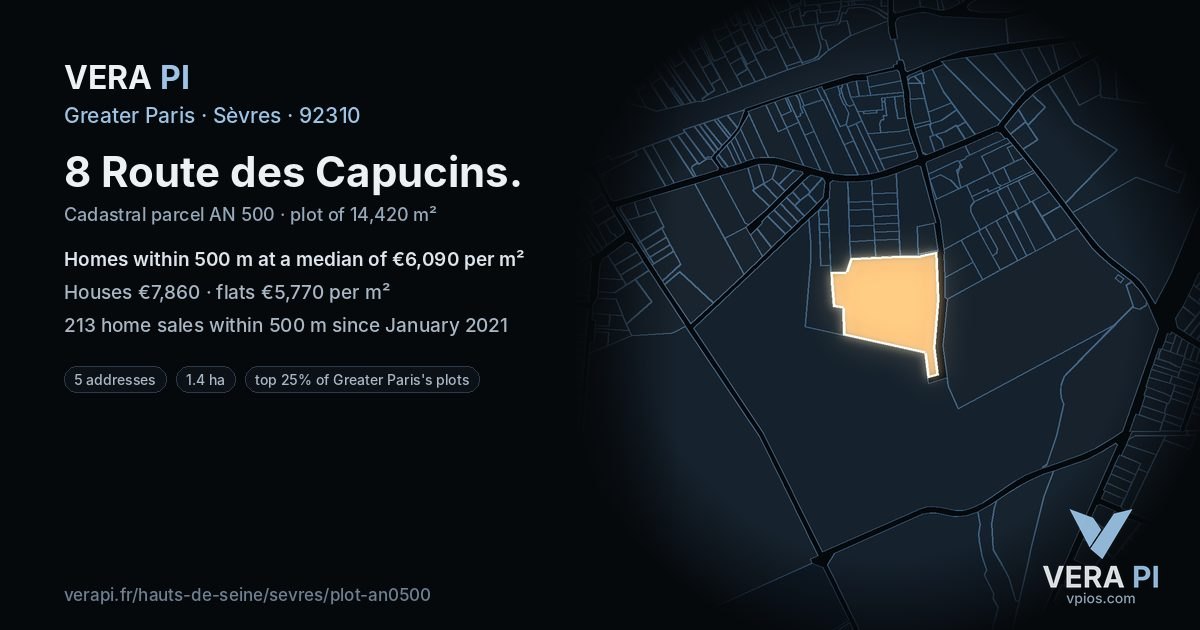 8 Route des Capucins, Sèvres at night – the plot lit, the parcels around coloured by the prices near them
