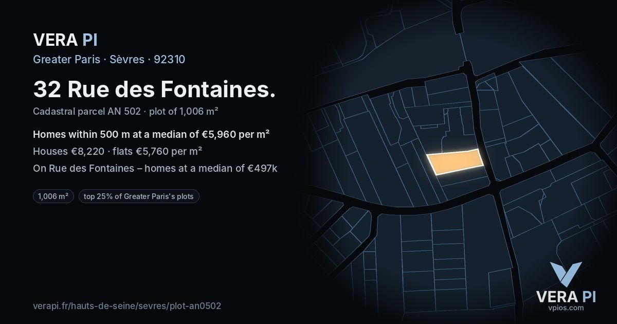 32 Rue des Fontaines, Sèvres at night – the plot lit, the parcels around coloured by the prices near them