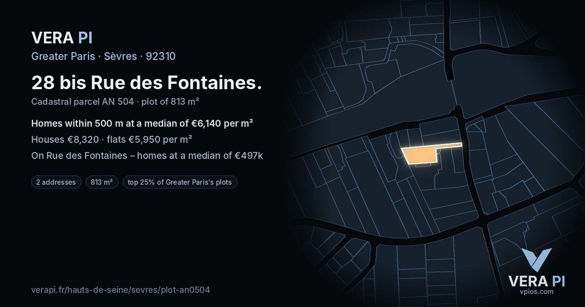 28 bis Rue des Fontaines, Sèvres at night – the plot lit, the parcels around coloured by the prices near them