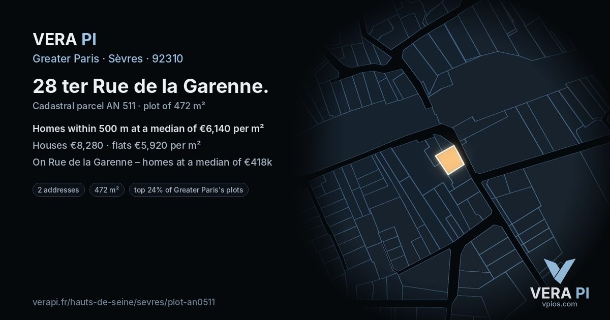 28 ter Rue de la Garenne, Sèvres at night – the plot lit, the parcels around coloured by the prices near them