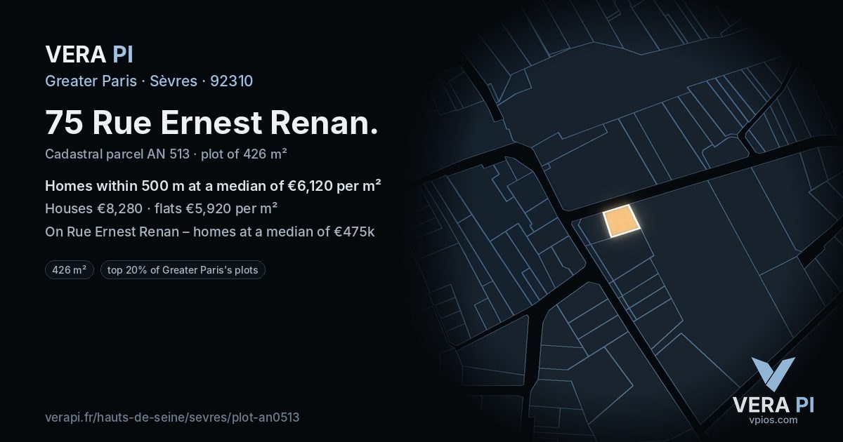 75 Rue Ernest Renan, Sèvres at night – the plot lit, the parcels around coloured by the prices near them