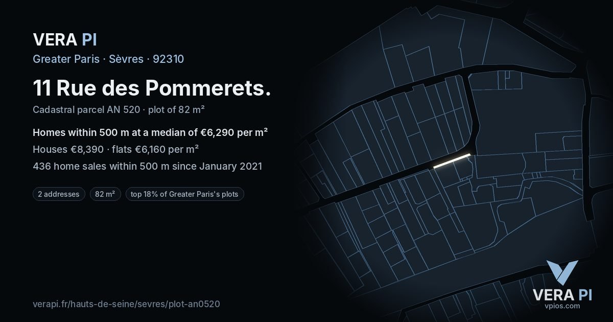 11 Rue des Pommerets, Sèvres at night – the plot lit, the parcels around coloured by the prices near them