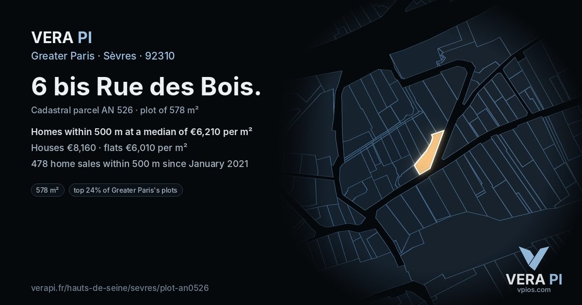 6 bis Rue des Bois, Sèvres at night – the plot lit, the parcels around coloured by the prices near them