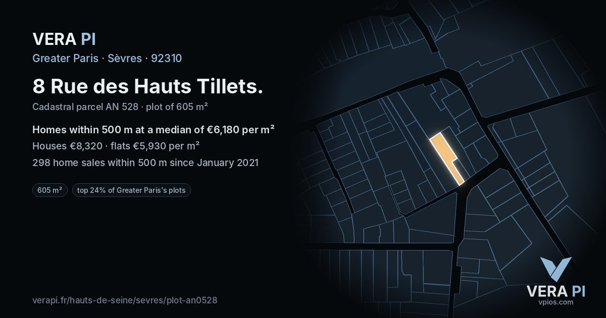 8 Rue des Hauts Tillets, Sèvres at night – the plot lit, the parcels around coloured by the prices near them